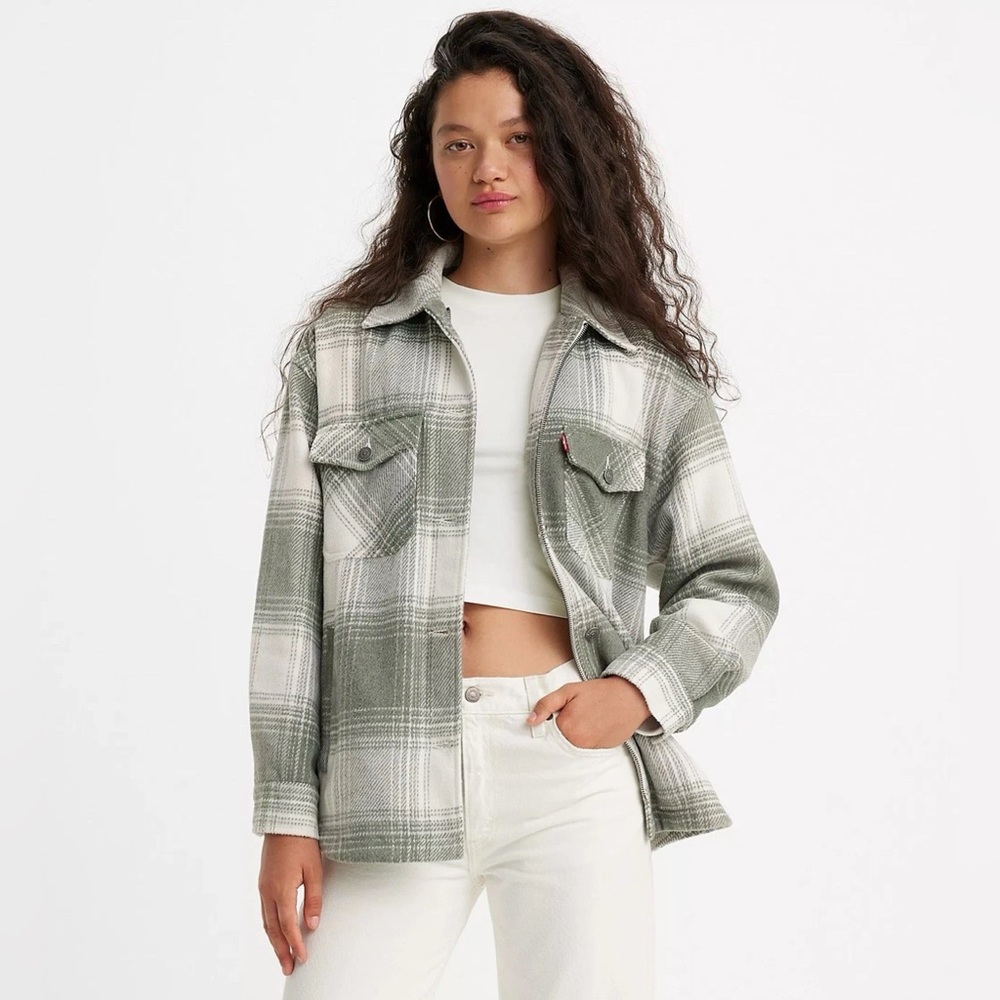 Levi’s Quilted Plaid Shacket Jacket Wool Blend XL Agave Gray NWT